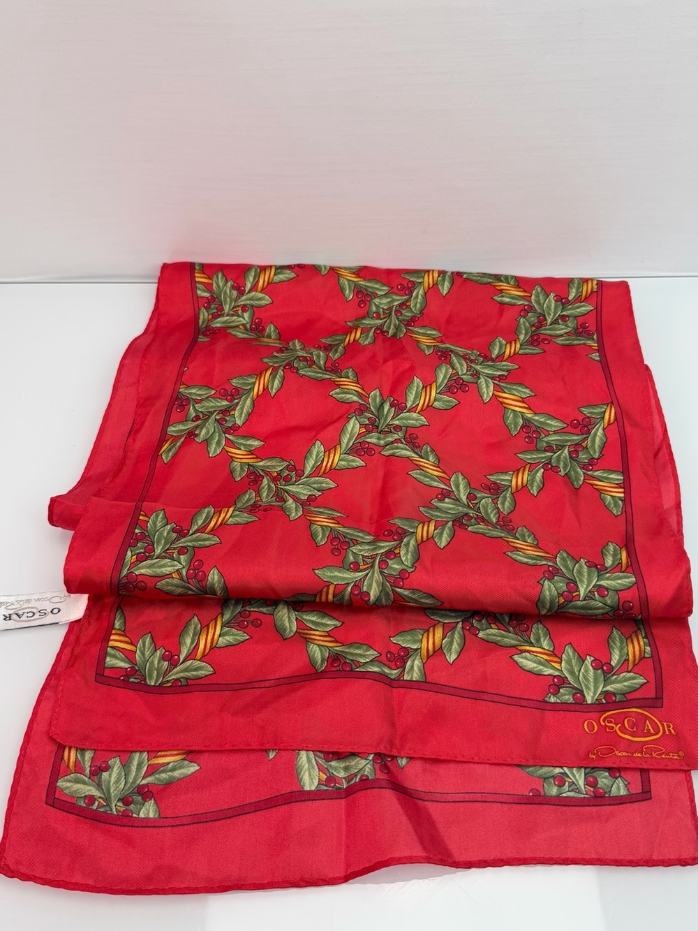 Vintage Oscar de la Renta Red Silk Scarf 52” Festive Green Holly Leaf Red Berry